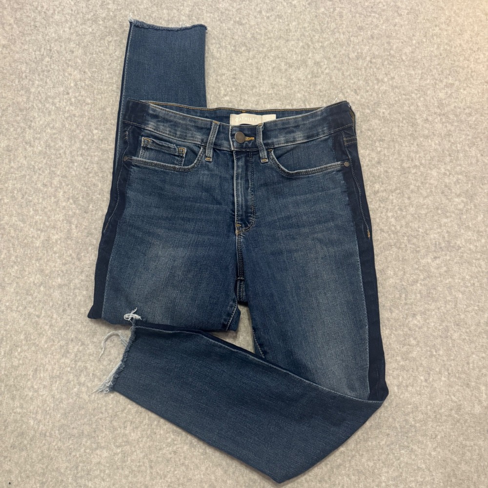 Athleta Sculptek Skinny Jeans Womens 4P Blue Tuxedo Stripe Raw Hem Denim